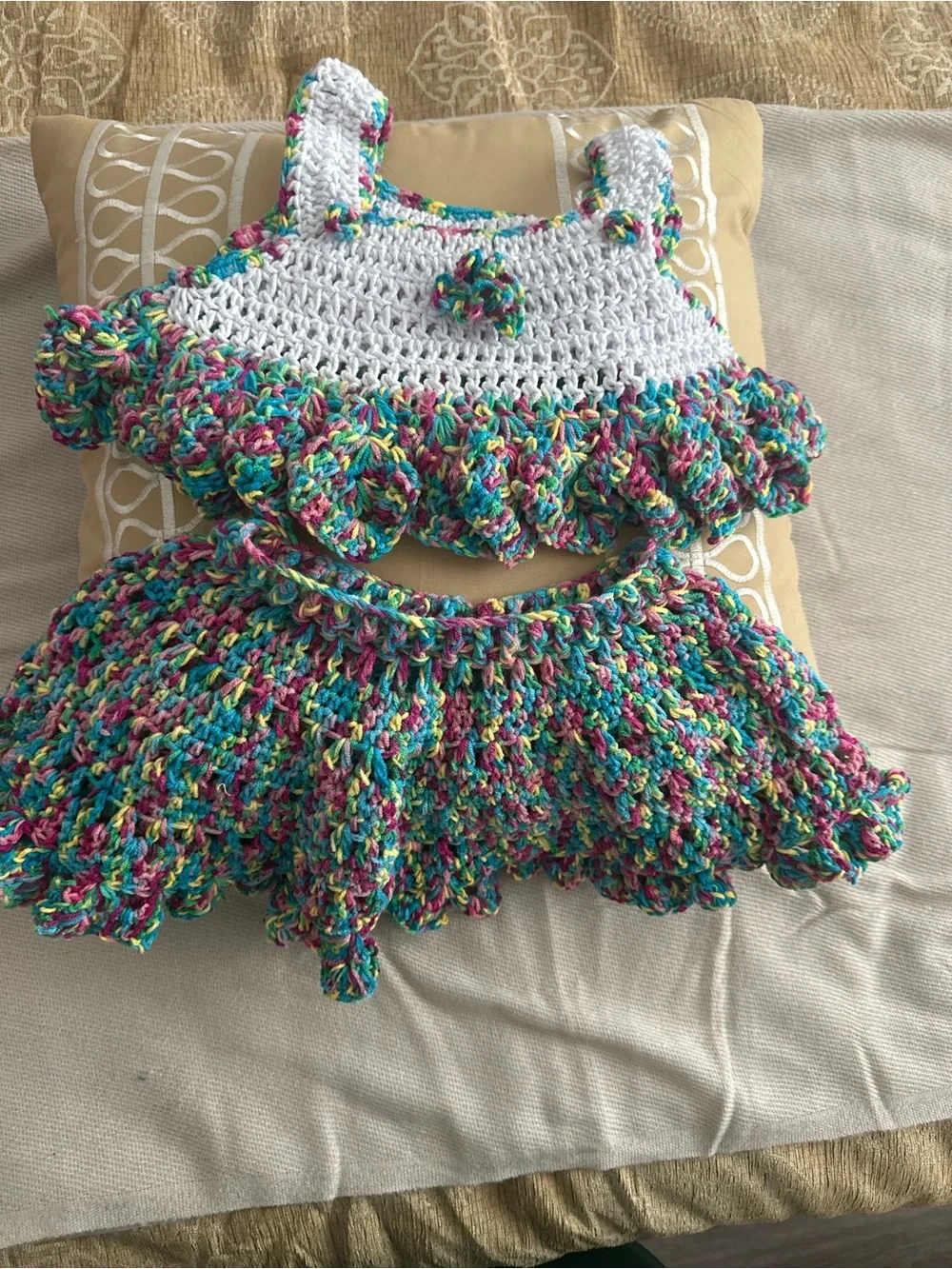 Hand-Crocheted Baby Two-Piece Set in White with Multicolor Ruffles